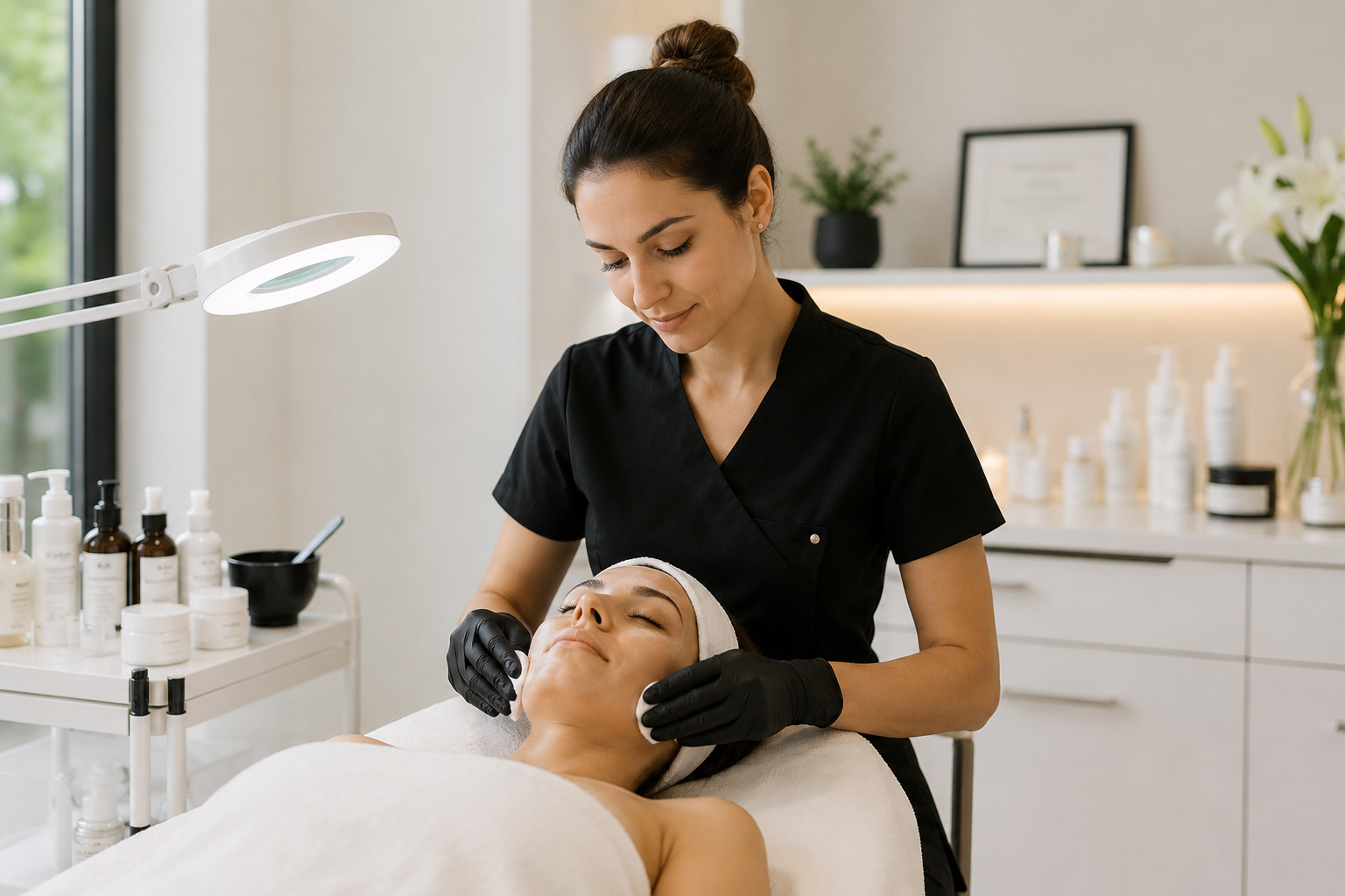 Professionnelle de l’esthétique réalisant un soin du visage en institut